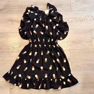 Kate Spade New York Pineapple Print Ruffle Dress XS Black Short Sleeve